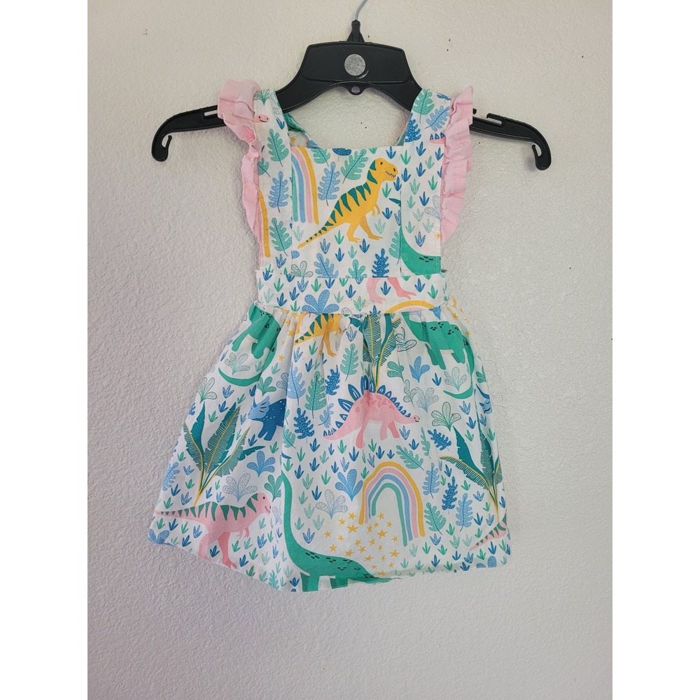 Toddler Girls Dinosaur Rainbow Pink Ruffle Pinafore Dress Multicolor 2T #10